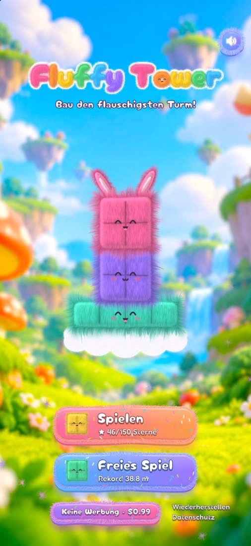 Der Startbildschirm mit einem Turm aus flauschigen Fluffies