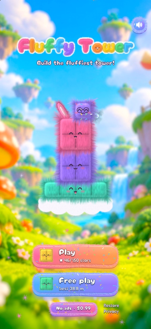 The start screen with a tower of fluffy Fluffies