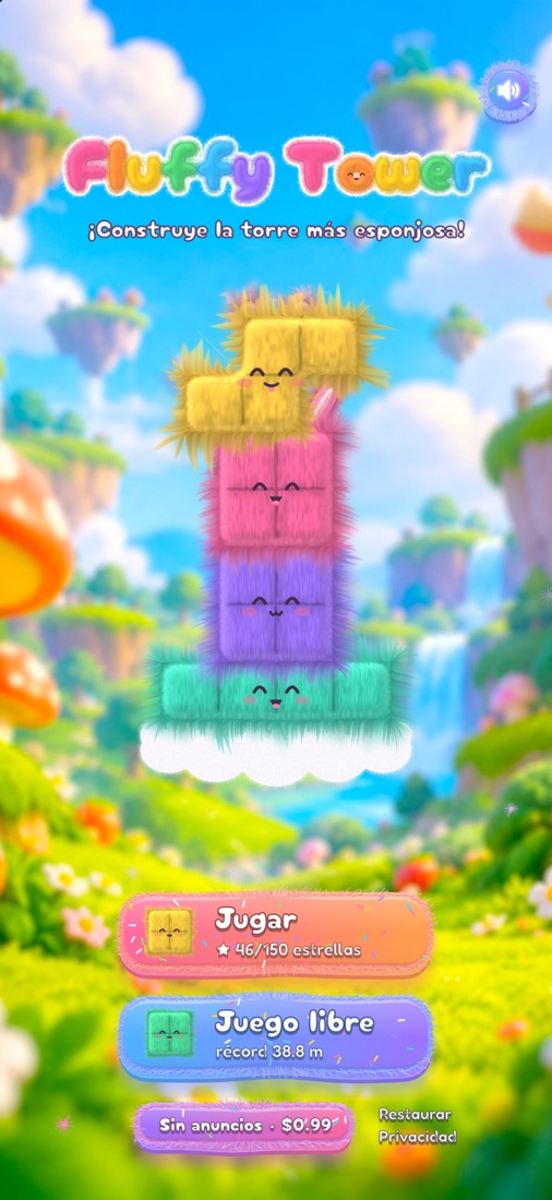 La pantalla de inicio con una torre de Fluffies esponjosos
