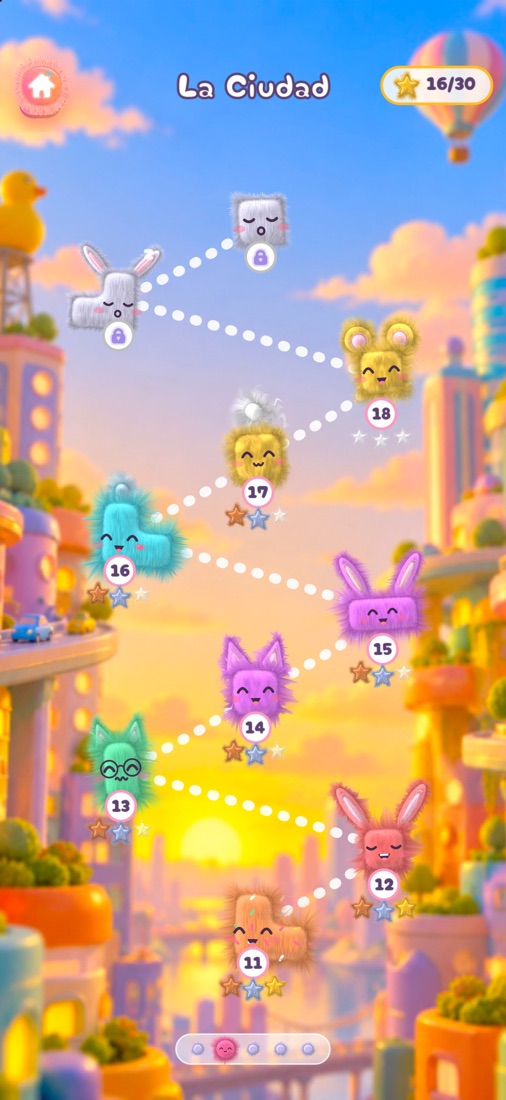 El mapa de niveles con un Fluffy en cada nivel