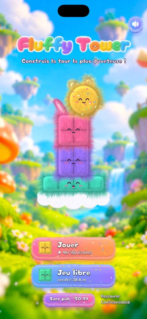 L’écran d’accueil avec une tour de Fluffies duveteux