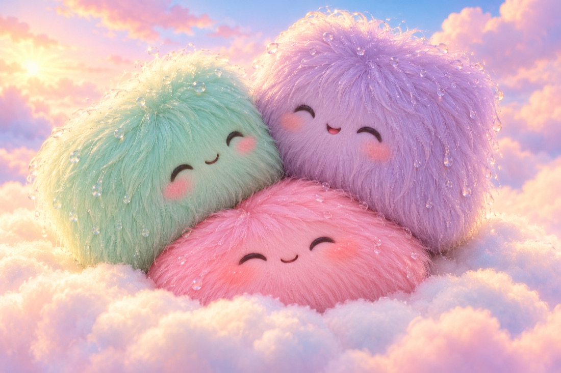 Drie natte, pluizige Fluffies knuffelen samen op een wolk