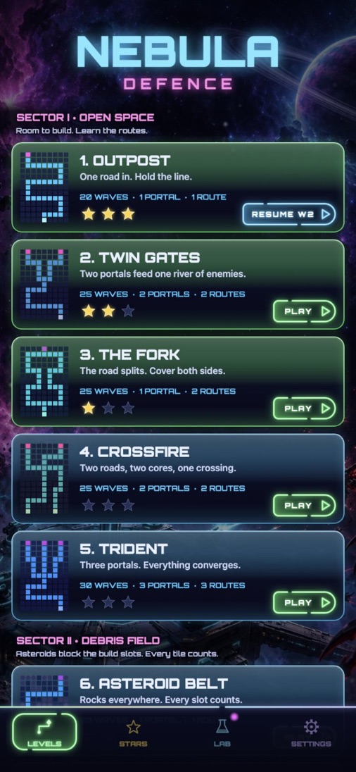 The level menu with the first sector, Open Space