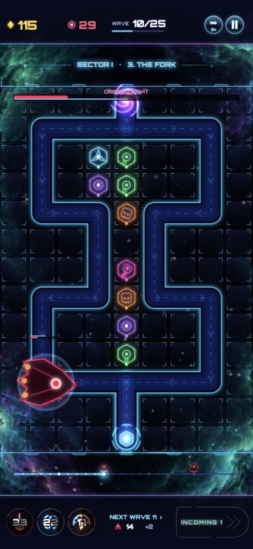 Towers firing a railgun beam at a Dreadnought boss