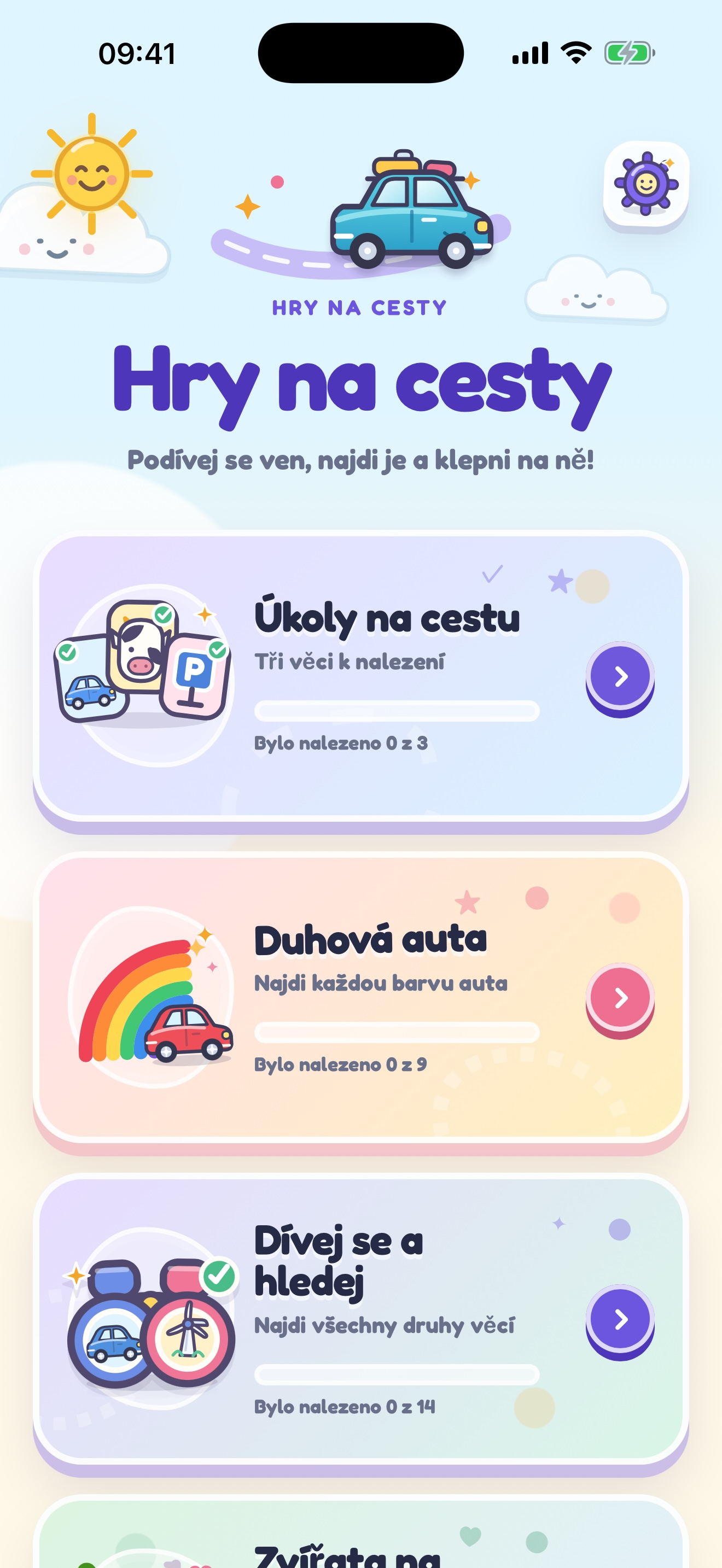 Úvodní obrazovka se všemi hrami na cesty