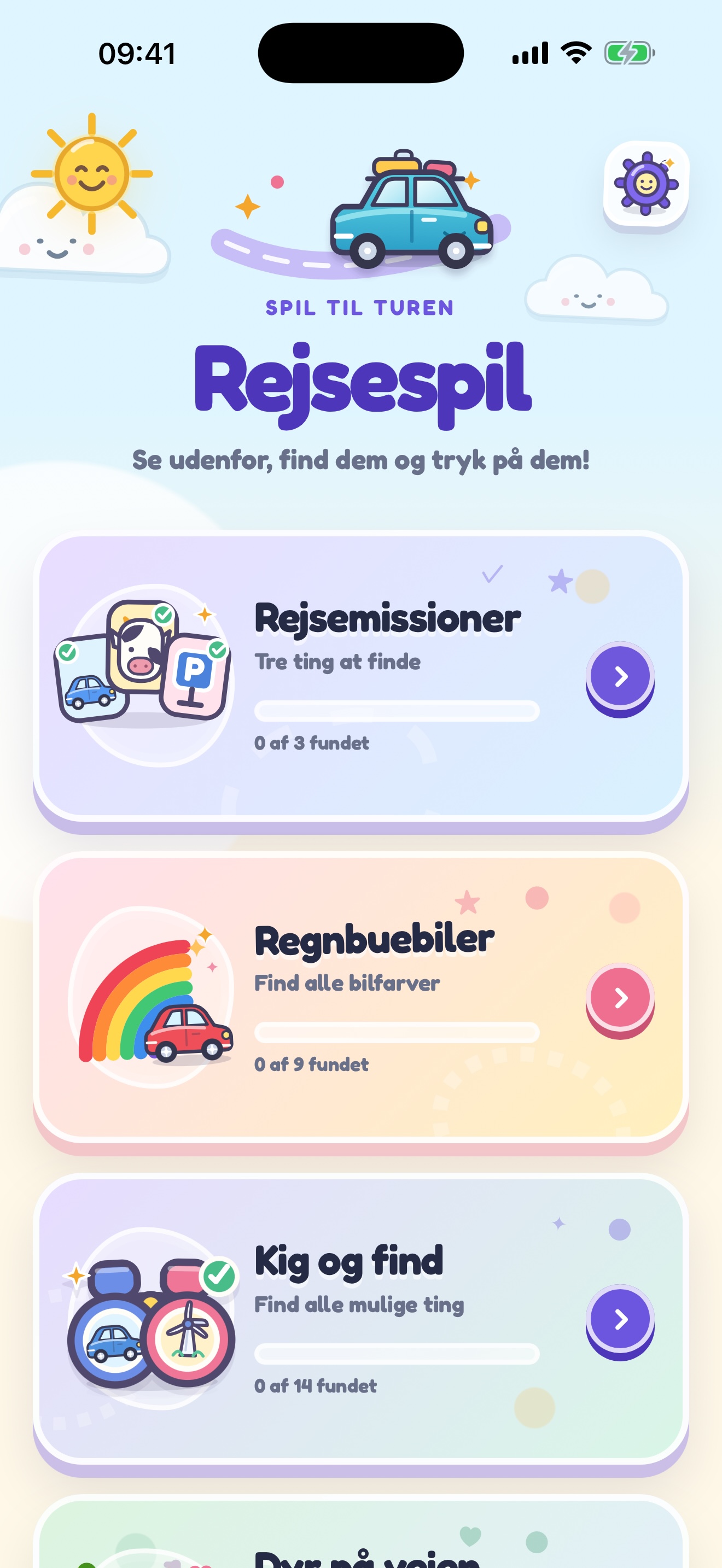 Startskærm med alle rejsespillene