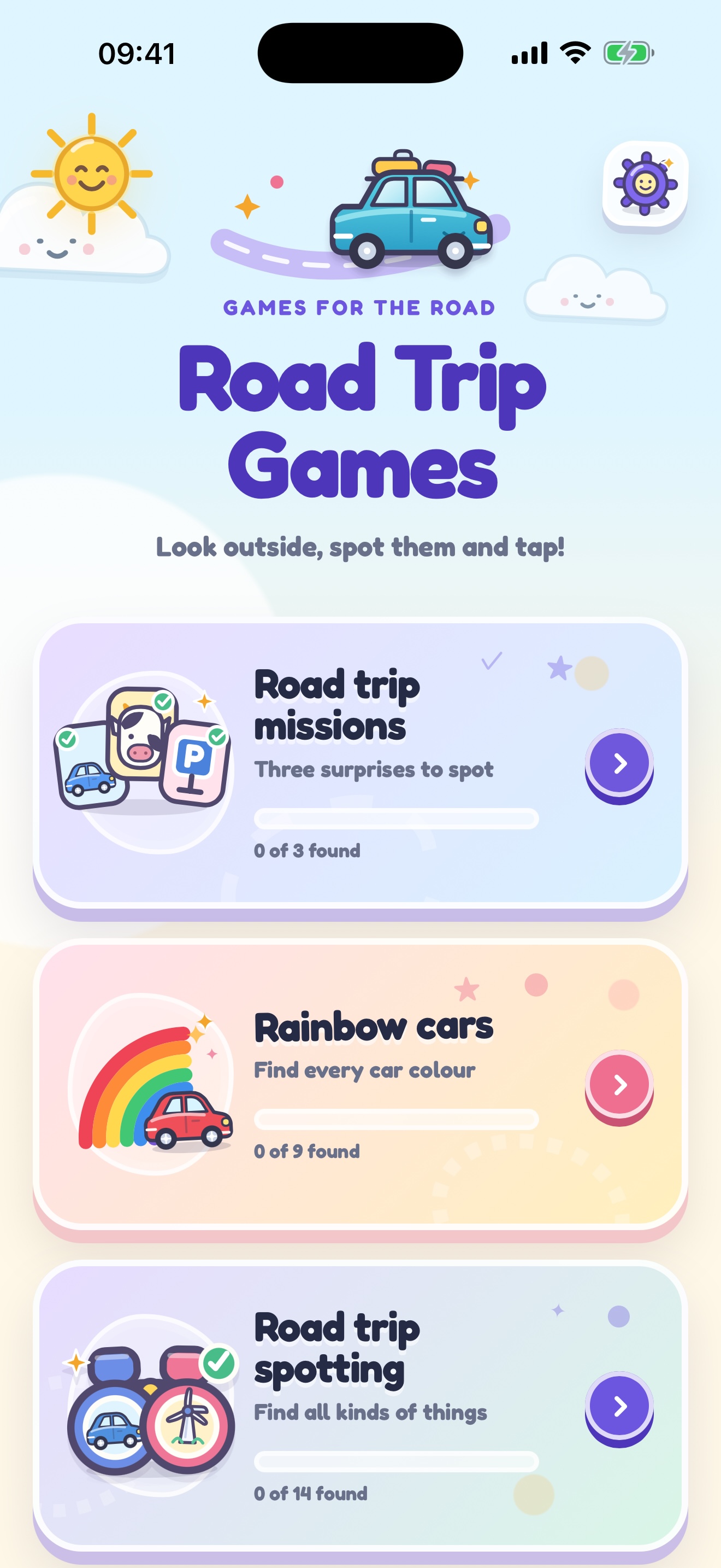 Home screen with all road trip games