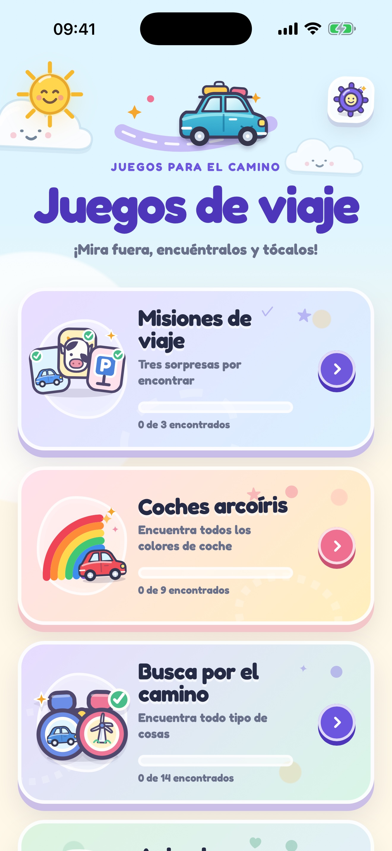 Pantalla de inicio con todos los juegos de viaje