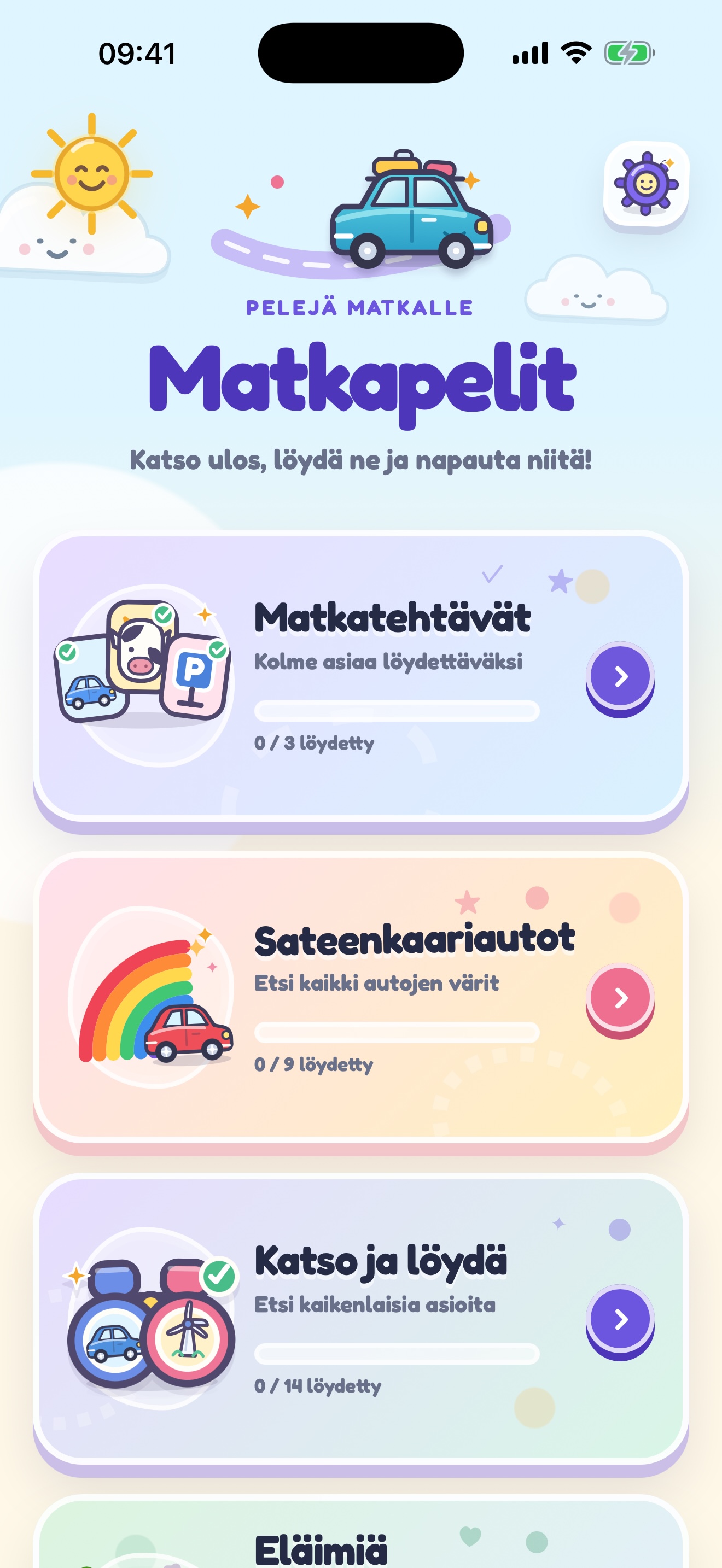 Aloitusnäyttö, jossa näkyvät kaikki matkapelit