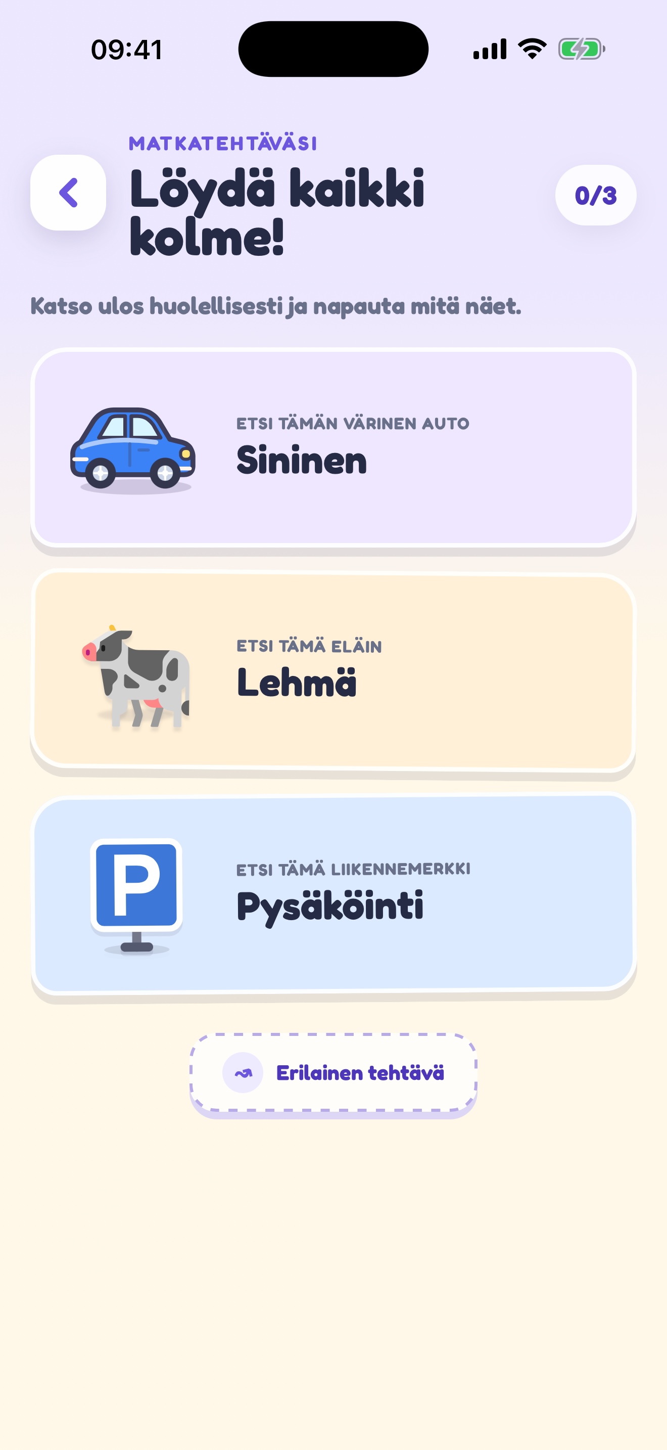 Matkatehtävä, jossa etsitään kolmea asiaa
