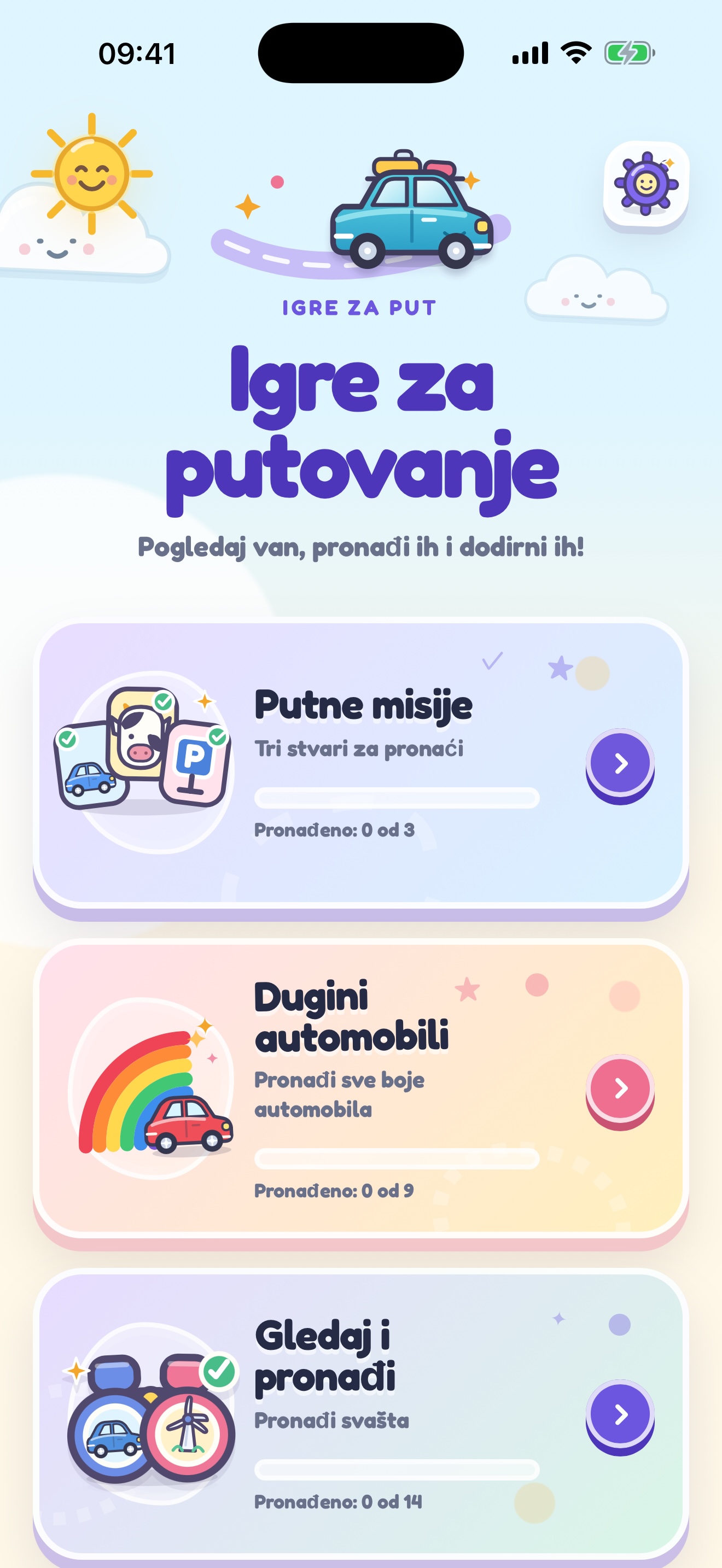 Početni zaslon sa svim igrama za put