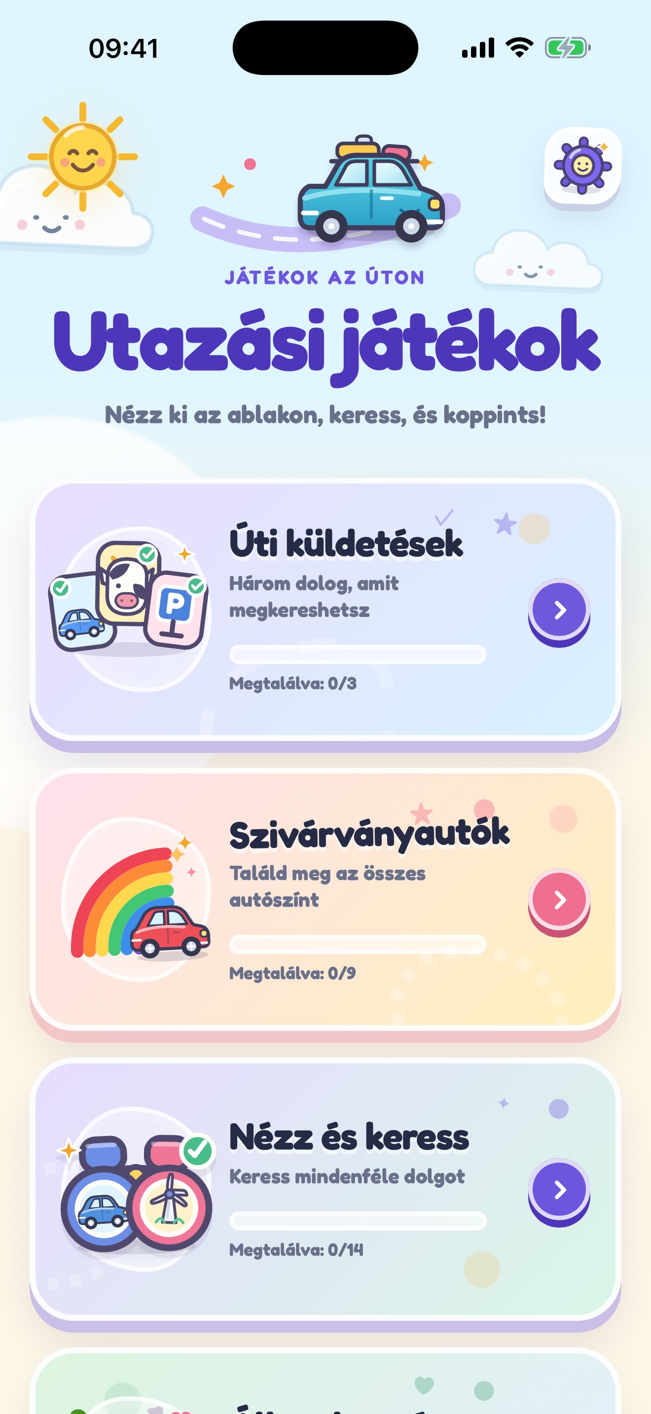 Kezdőképernyő az összes utazási játékkal
