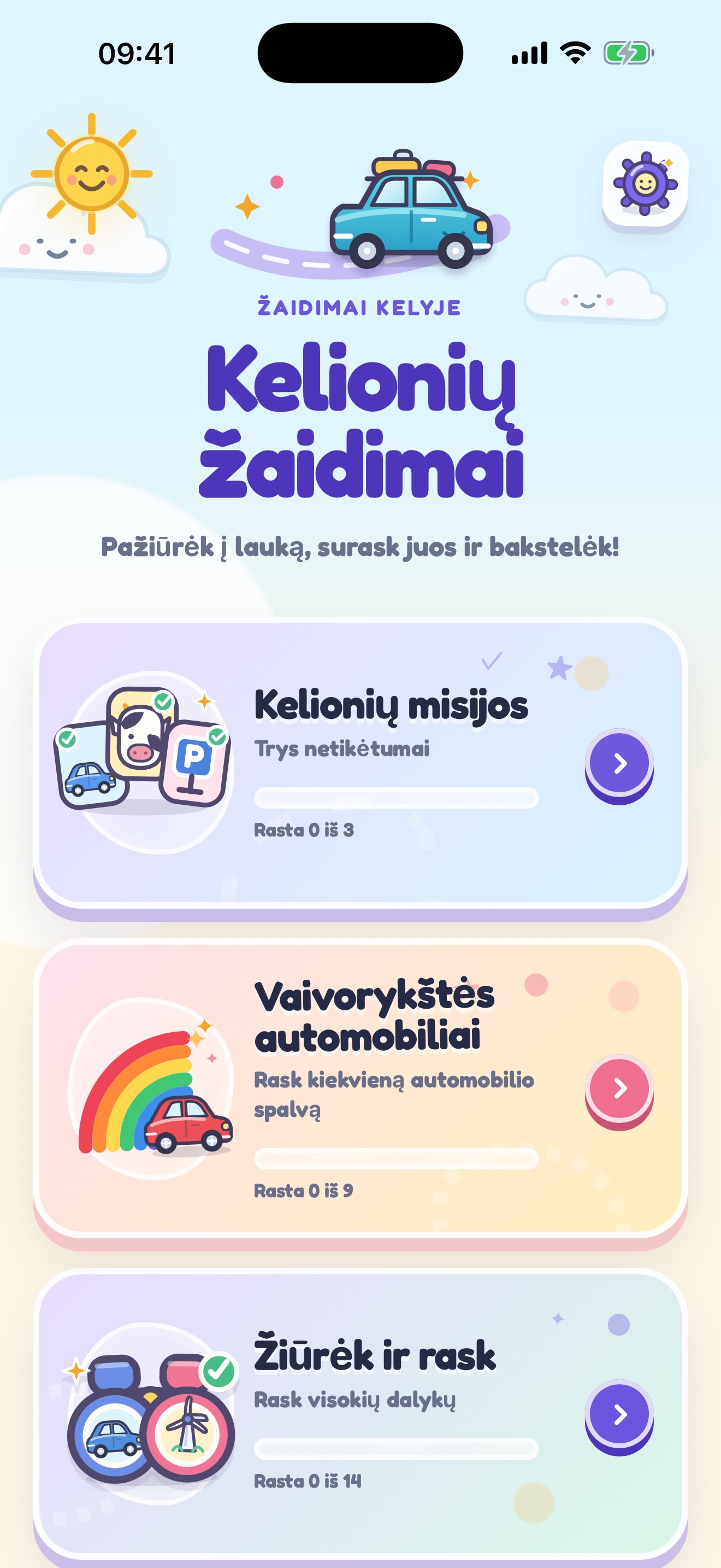 Pradinis ekranas su visais kelionių žaidimais