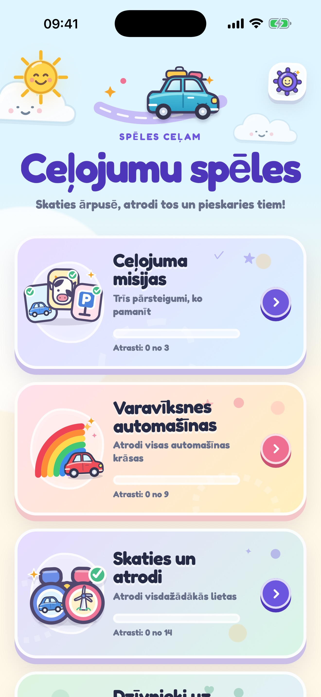 Sākuma ekrāns ar visām ceļojumu spēlēm