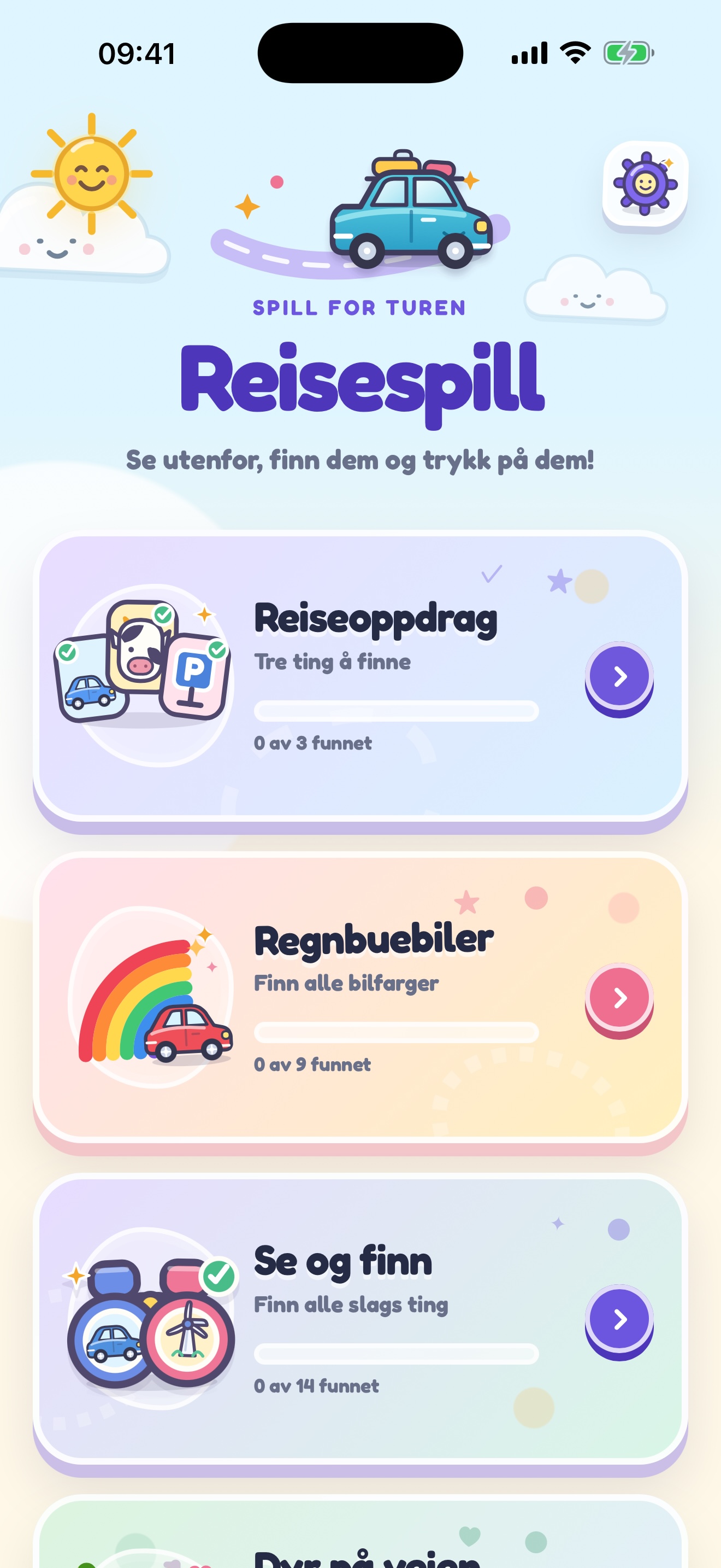 Startskjerm med alle reisespillene