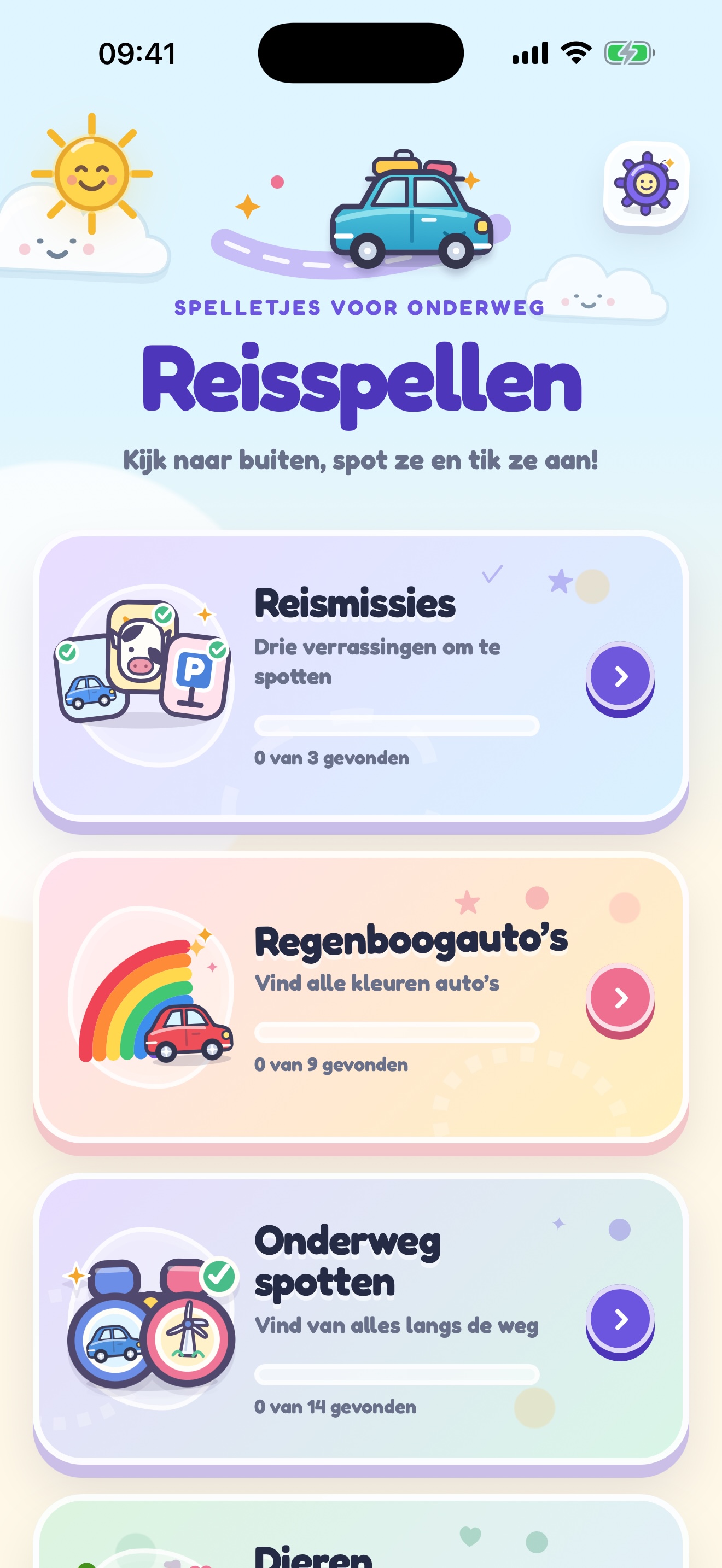 Startscherm met alle Reisspellen