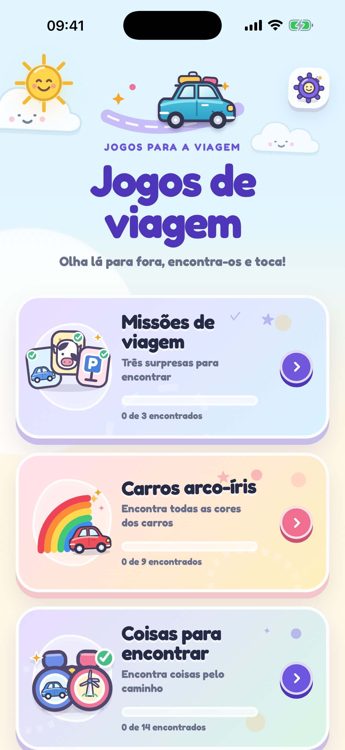 Ecrã inicial com todos os jogos de viagem