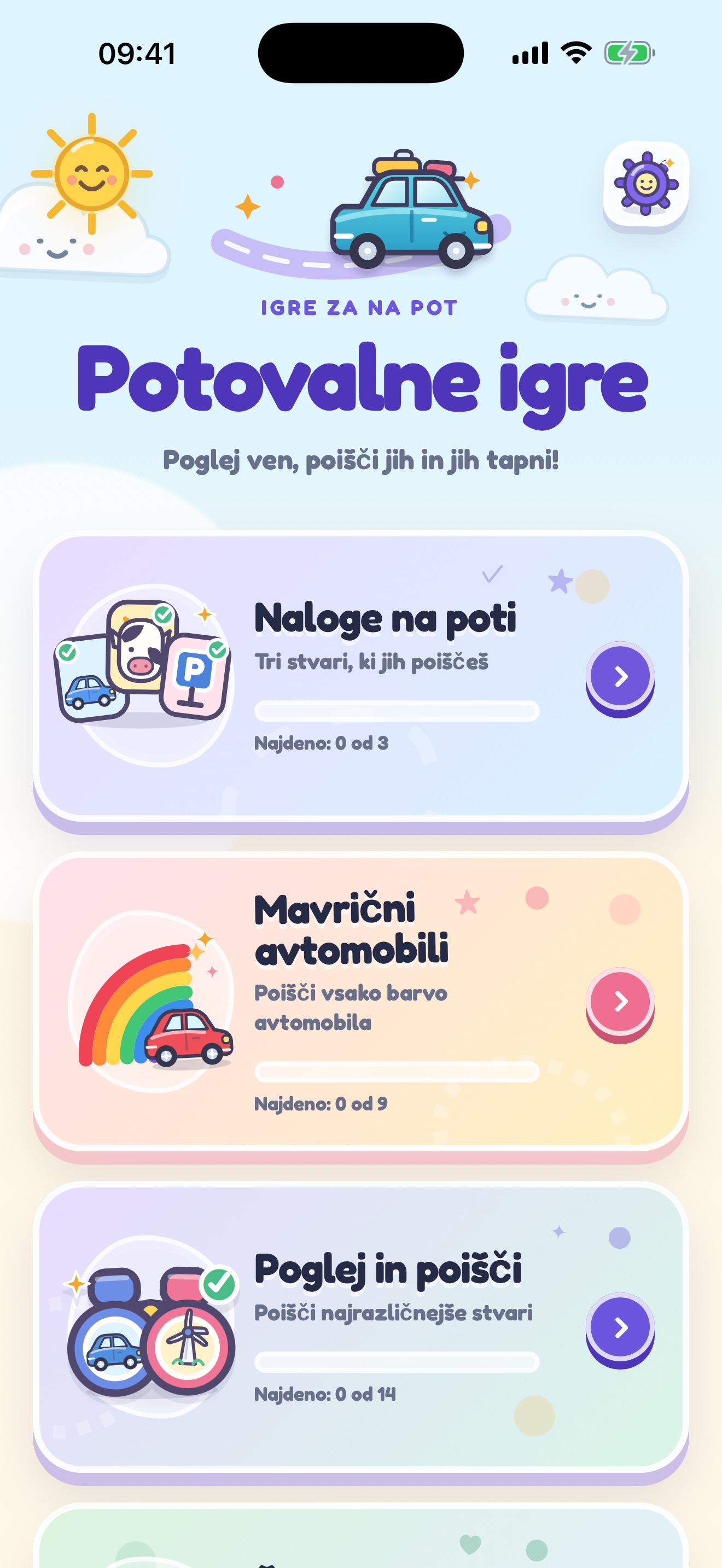 Začetni zaslon z vsemi potovalnimi igrami