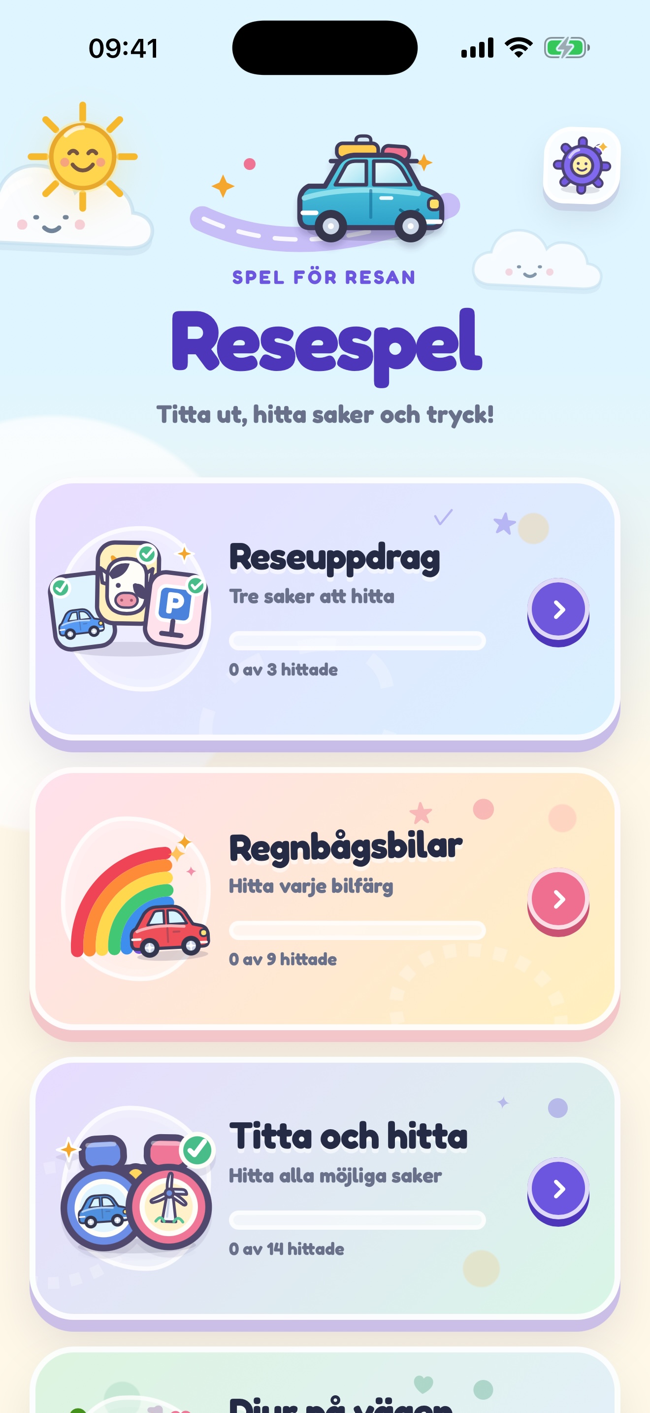 Startskärm med alla resespelen