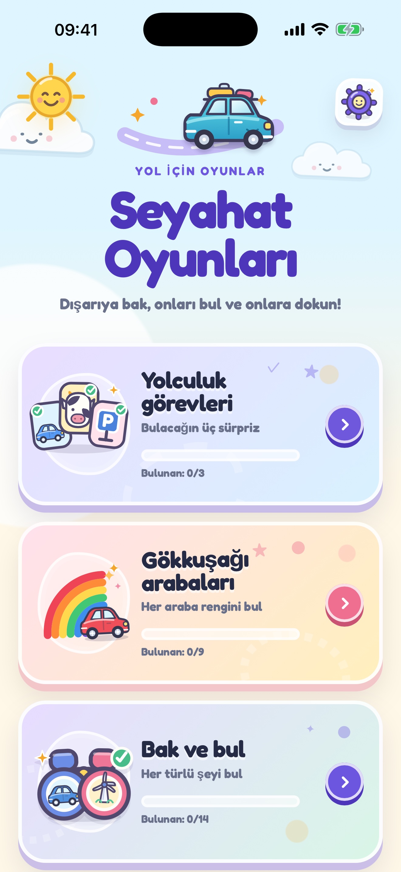 Tüm yolculuk oyunlarının yer aldığı ana ekran