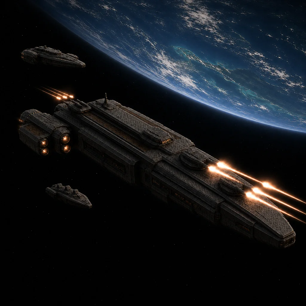 A Starfall battlecruiser in orbit