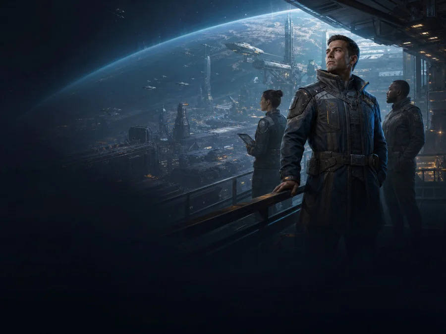 Commanders of the Terran Vanguard overlooking an orbital city